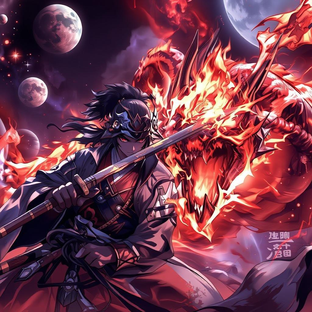 A dramatic anime wallpaper featuring a samurai warrior in action against a fearsome dragon made of stars and planets. The warrior, armed with a sword, stands resolute, ready to face the dragon's fiery breath and spiky horns. The art style is detailed and vibrant, capturing the intensity and excitement of their battle in this epic wallpaper.