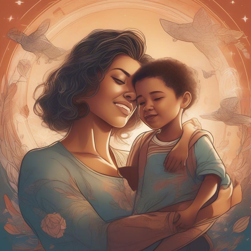 This heartwarming illustration captures the essence of a mother's love, symbolized by the tender embrace and joyful smiles shared between a mother and her child.