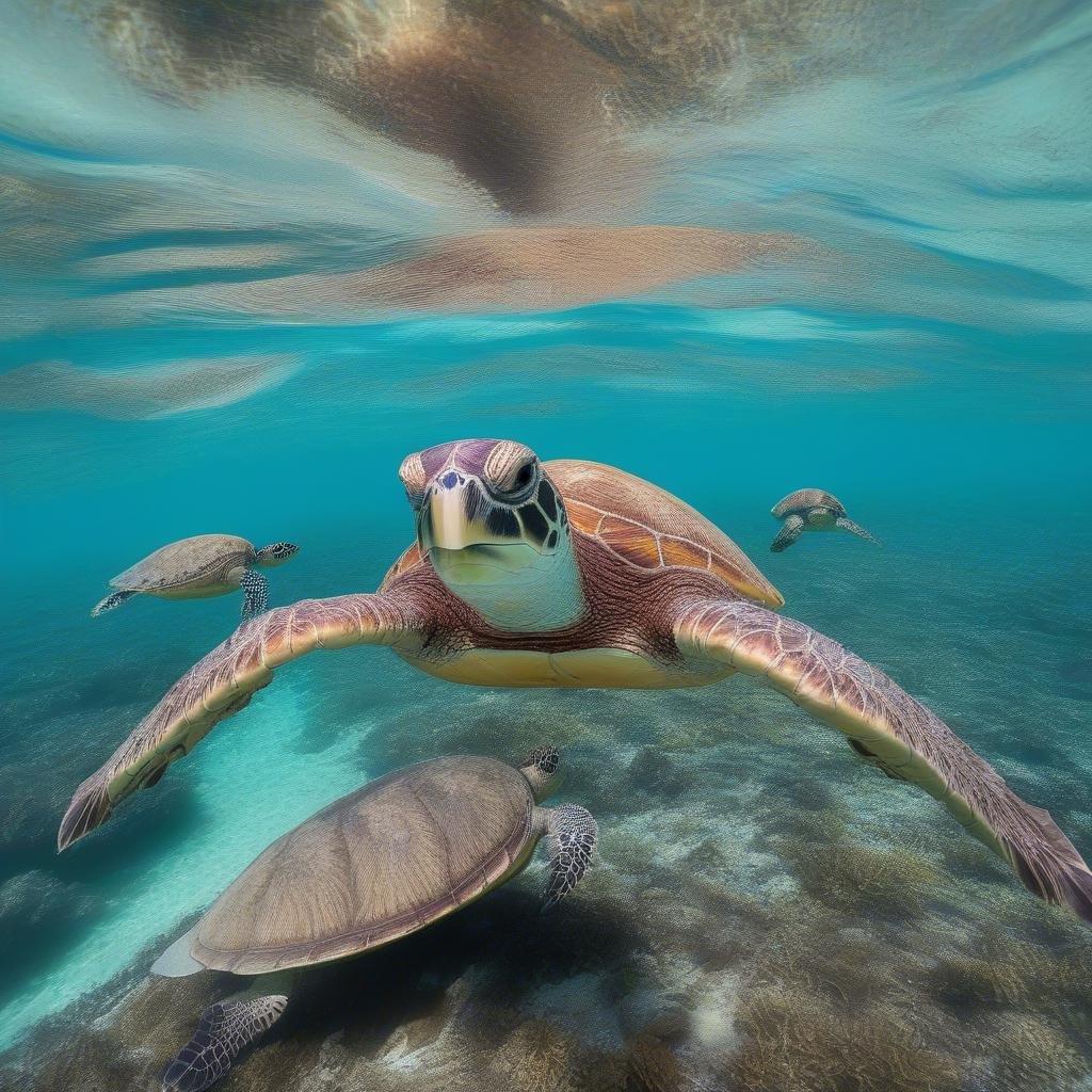 Dive with this sea turtle family amidst the deep blue ocean, where you can see their vibrant shells and feel the ocean's pulse beneath them.