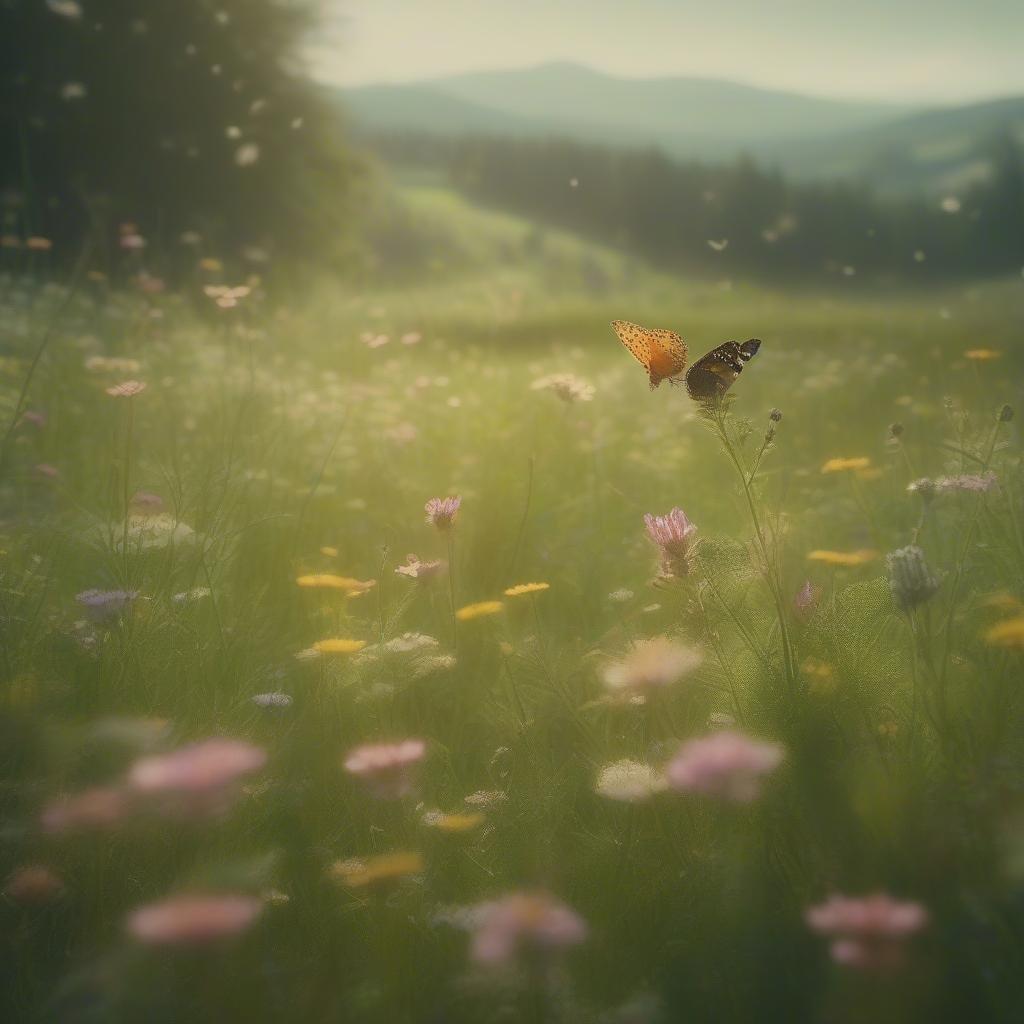 A serene meadow bathed in the warmth of spring sunlight, adorned with a fluttering butterfly amidst blooming wildflowers.