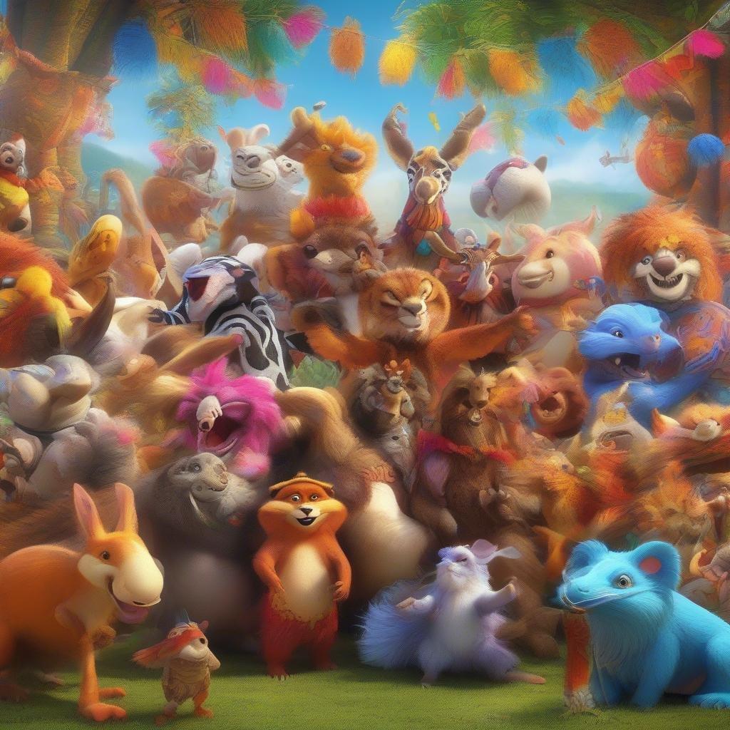 A vibrant gathering of cartoon animals from all around the world, celebrating friendship and adventure.