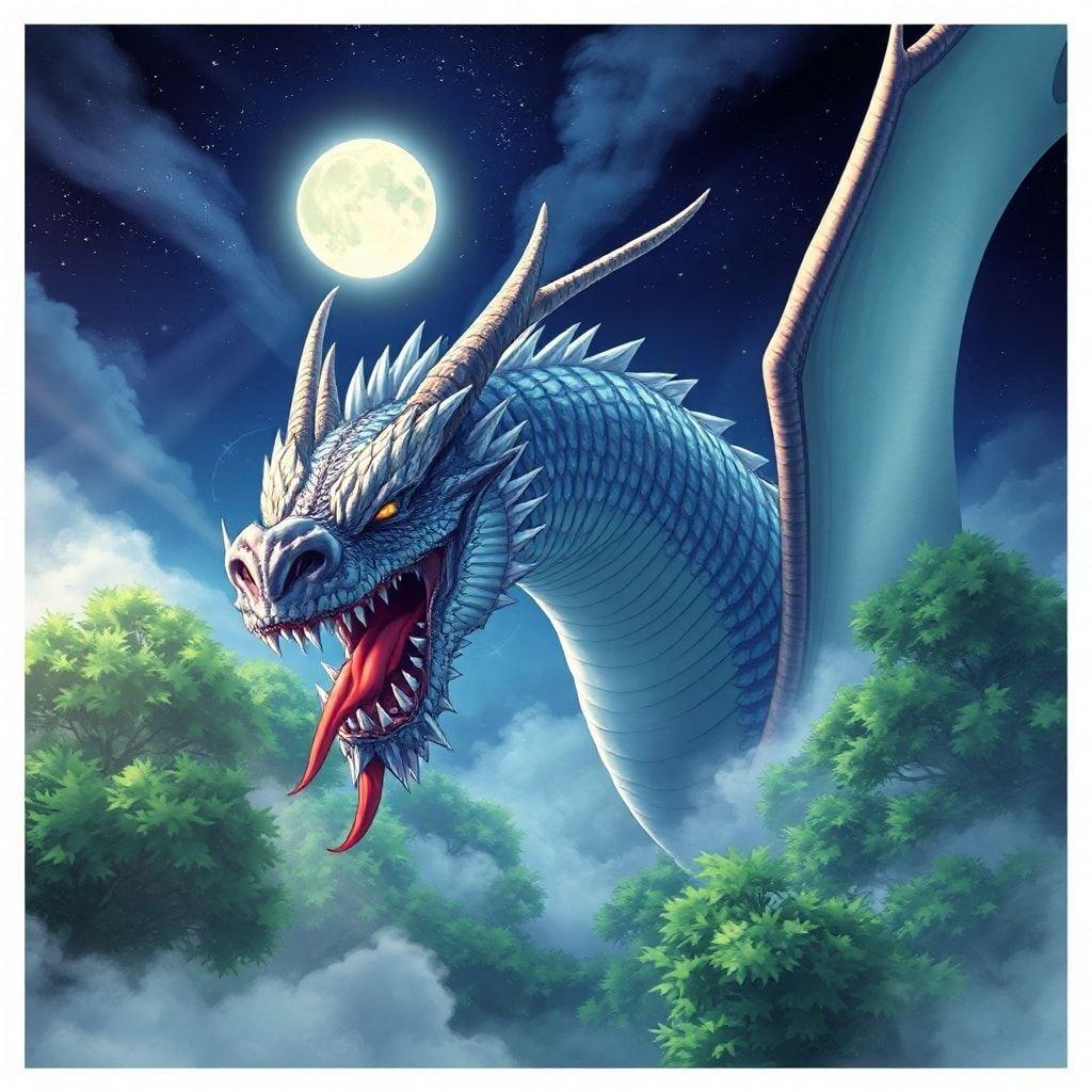 This captivating anime wallpaper features a majestic dragon emerging from a misty forest, its scales shimmering like the stars under the night sky. The dragon's intense gaze, sharp teeth, and glowing red tongue create a sense of enchantment and mystery.