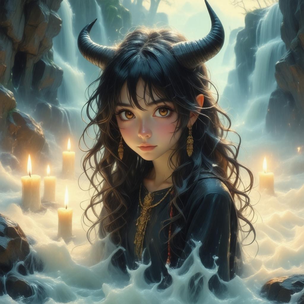 This captivating wallpaper features a young girl with horns emerging from a dense fog, surrounded by warm, glowing candles and a cascading waterfall of hair.