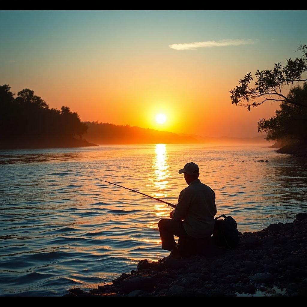 Um homem desfruta de uma noite pacífica à beira da água, pescando enquanto o sol se põe ao fundo.