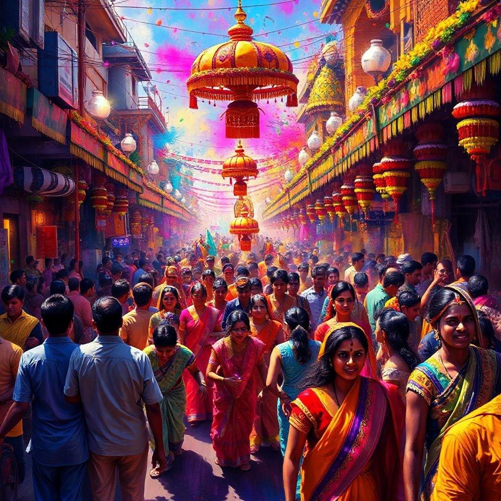 A lively scene from India's colorful Holi festival, where the streets are filled with joyous celebrations. Streets and buildings adorned in vivid colors of red, orange, yellow and green, illuminated by lanterns and banners hanging above.