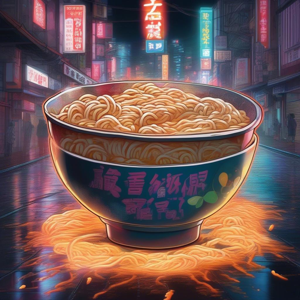 A deliciously appetizing bowl of noodles simmering in a rich broth, set against the backdrop of an Asian city street at night.