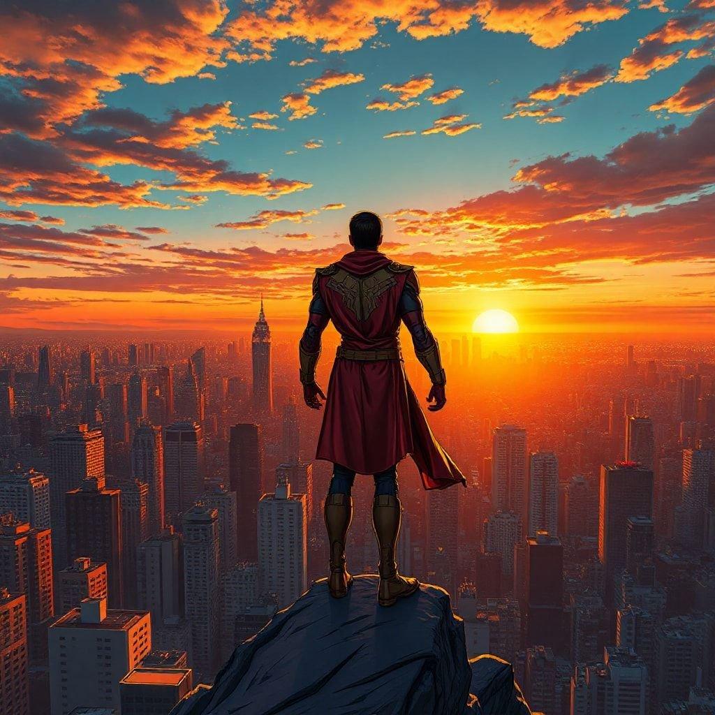 Inspired by the Marvel comics, this image captures a moment with one of the most iconic superheroes from the Avengers. Standing high above New York City at sunset, the hero reflects on his duties as he watches over the city that never sleeps.