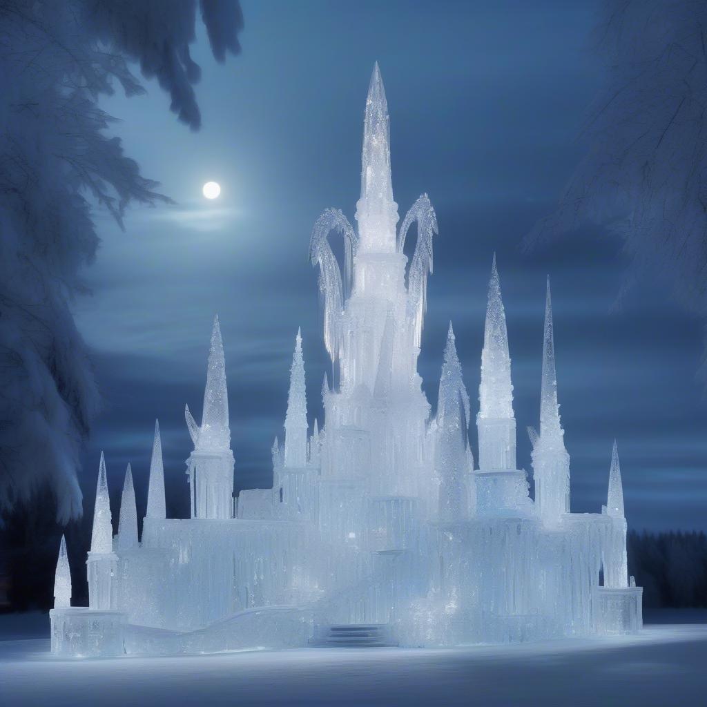 Snowy evening with a breathtaking view of an illuminated ice castle, a dream-like structure adorned with frozen water sculptures.