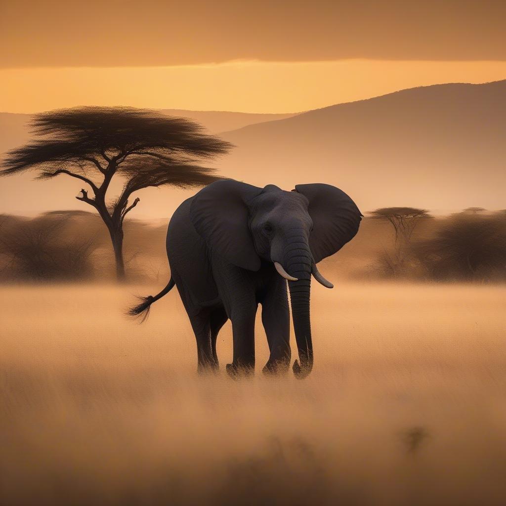 An elephant strides through the savannah at sunset, showcasing the beauty of wildlife.