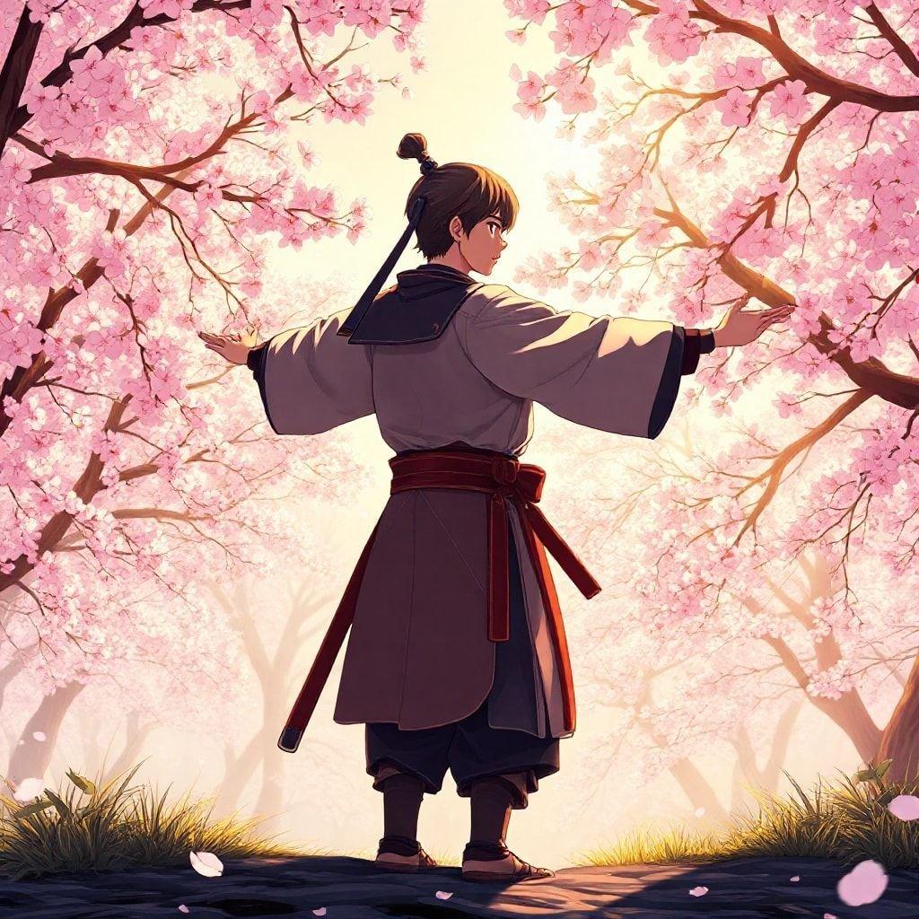 This beautiful anime wallpaper features a young samurai standing at the edge of a serene cherry blossom forest, creating a peaceful and natural scene with soft lighting and a hint of mystery.