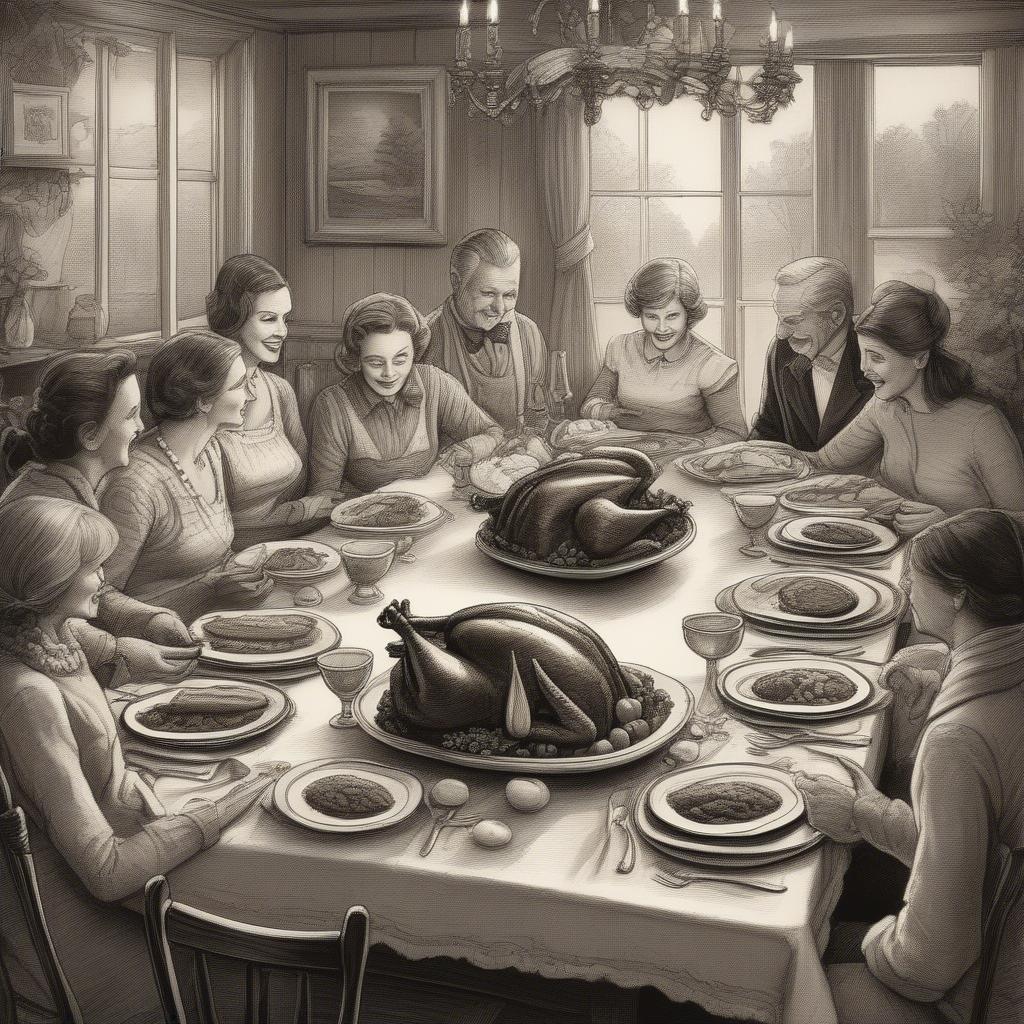 A family enjoying a hearty meal together during the Thanksgiving celebration.