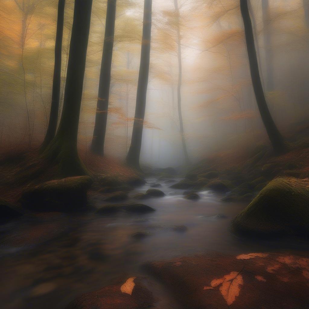 Un bosque de otoño brumoso, donde las hojas comienzan a cambiar de color en los árboles, insinuando la llegada del otoño. El suelo es un patchwork de hojas caídas, mientras que el arroyo fluye suavemente por el centro, añadiendo un elemento sereno a este entorno místico.