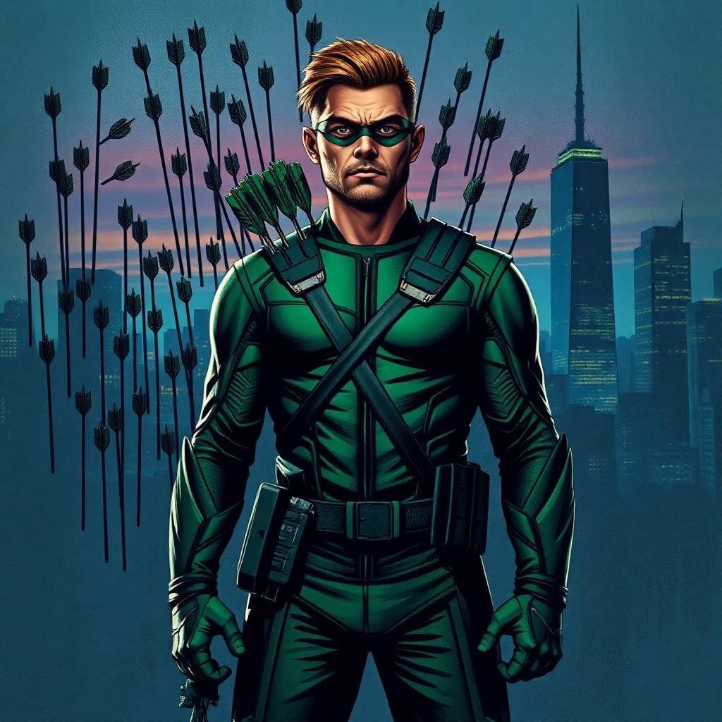 This wallpaper features the iconic superhero Green Arrow, known for his archery skills and commitment to justice. The image showcases his green costume and quiver of arrows, set against a city skyline backdrop.