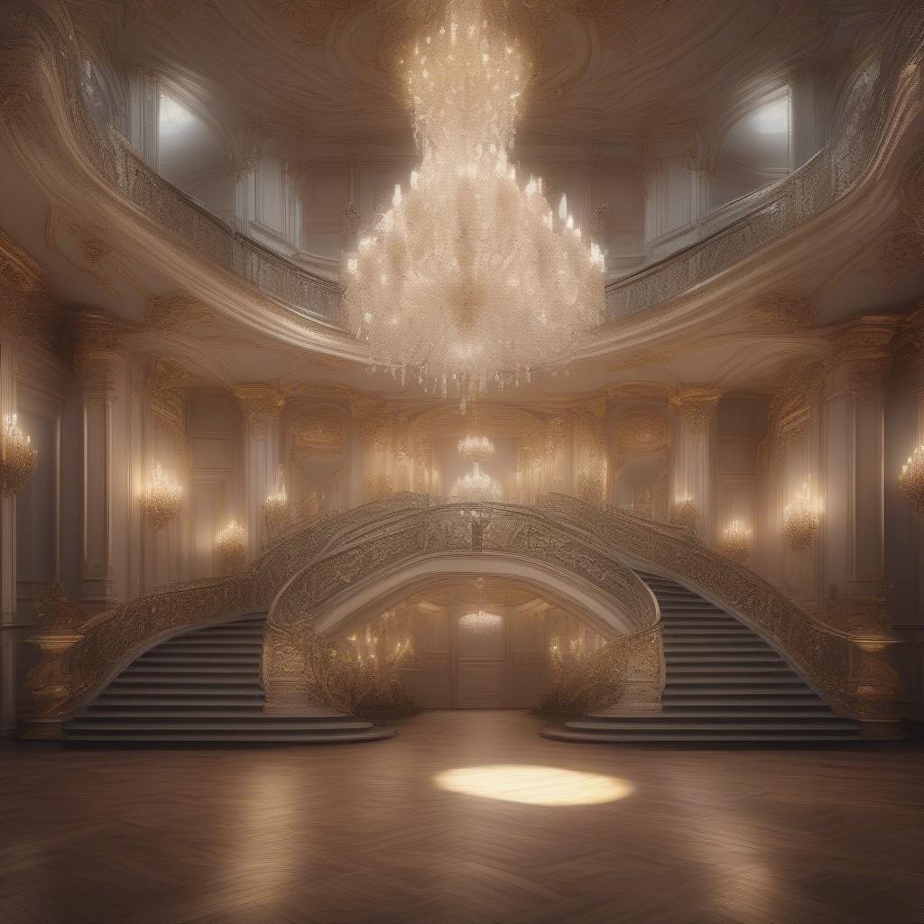 Step into opulence with this stunning view of a grand staircase, complete with a crystal chandelier and intricate gold detailing. The perfect backdrop for a moment of elegance.