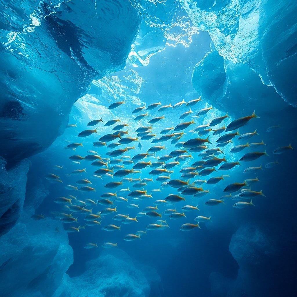 A breathtaking view from the surface where you can see a school of fish swimming in the deep blue water amidst large ice formations, creating a serene and beautiful underwater landscape.