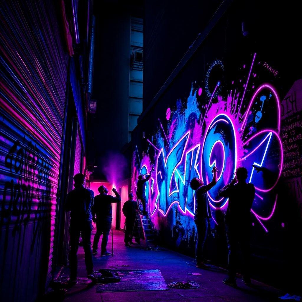 A group of artists working together to create vivid neon graffiti on a city wall, evoking the cyberpunk aesthetic with its pink and purple hues. This artwork captures the essence of urban nightlife and street culture.