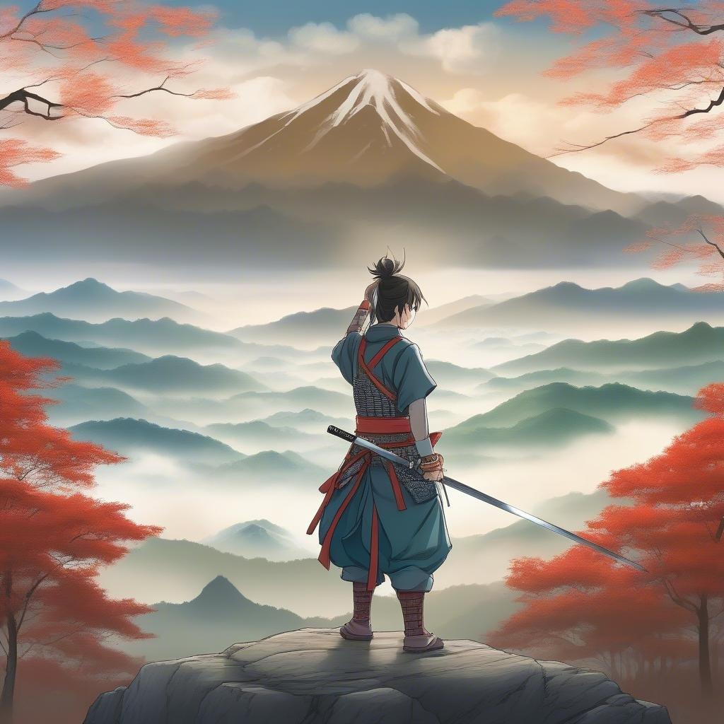 A young samurai stands on the peak of a mountain, looking out over a misty landscape with tall trees and clouds. The scene exudes an anime-like atmosphere.