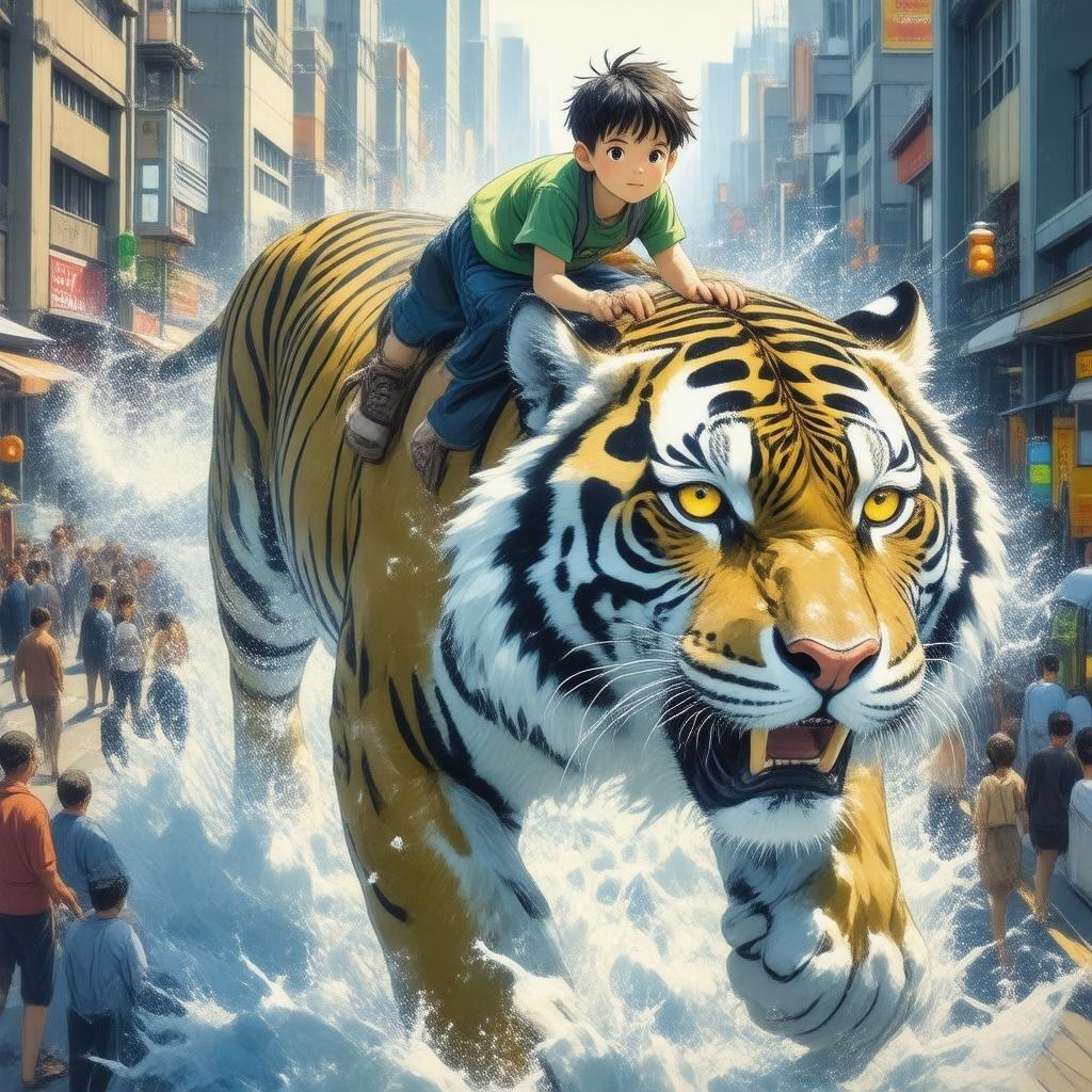 A young boy rides on the back of a giant tiger as it runs through a bustling metropolis, surrounded by towering skyscrapers and neon lights.