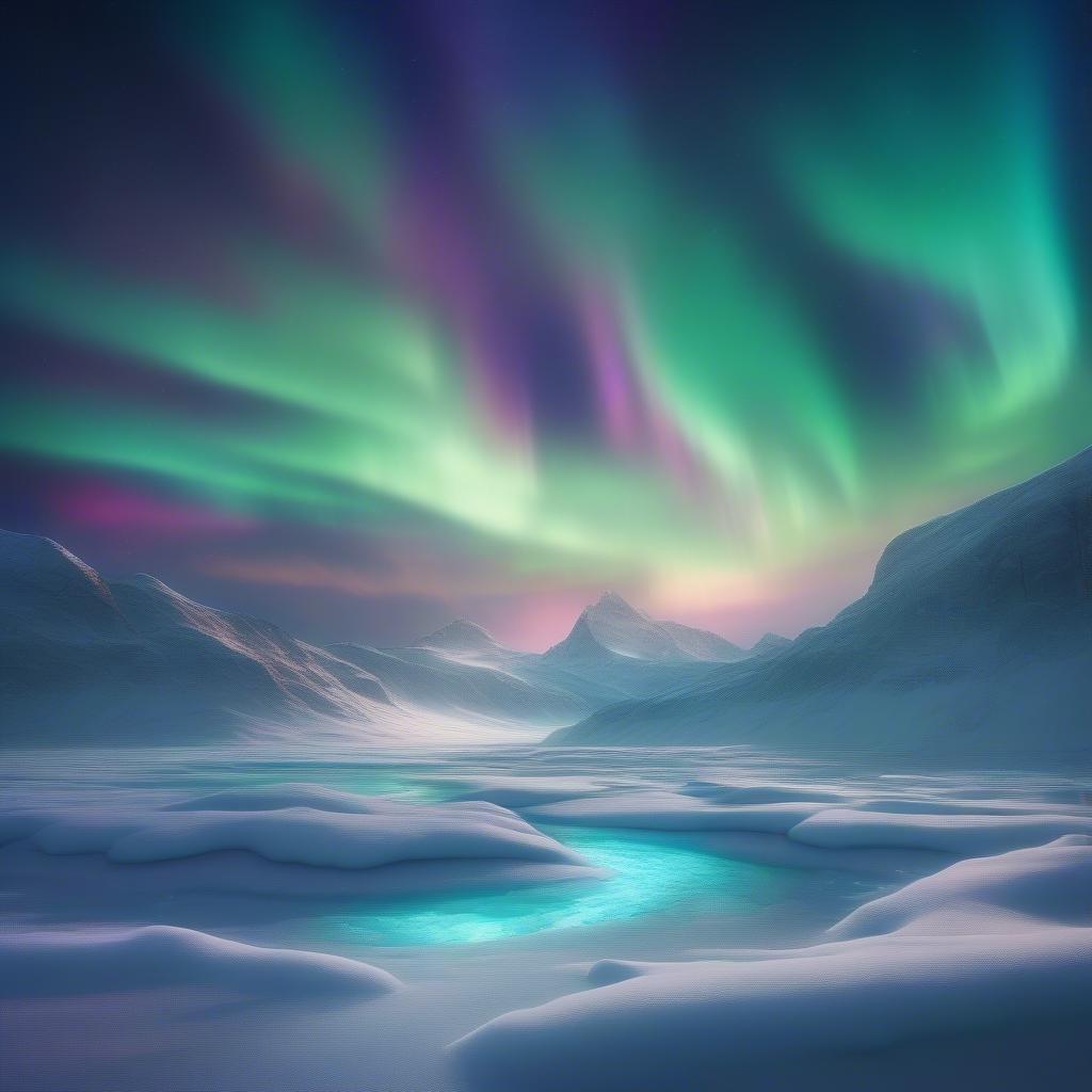 A breathtaking view of the aurora borealis painting a mesmerizing spectacle against a serene snowy landscape. The ethereal lights dance across the sky, casting a magical glow over the frozen waters and distant mountains.