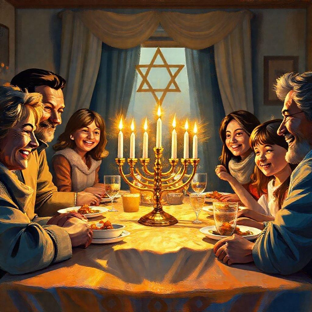 This beautiful Hanukkah wallpaper captures the joy and warmth of the holiday season. The image features a family gathered around a menorah, surrounded by the soft glow of candles and the festive atmosphere of a Hanukkah celebration.