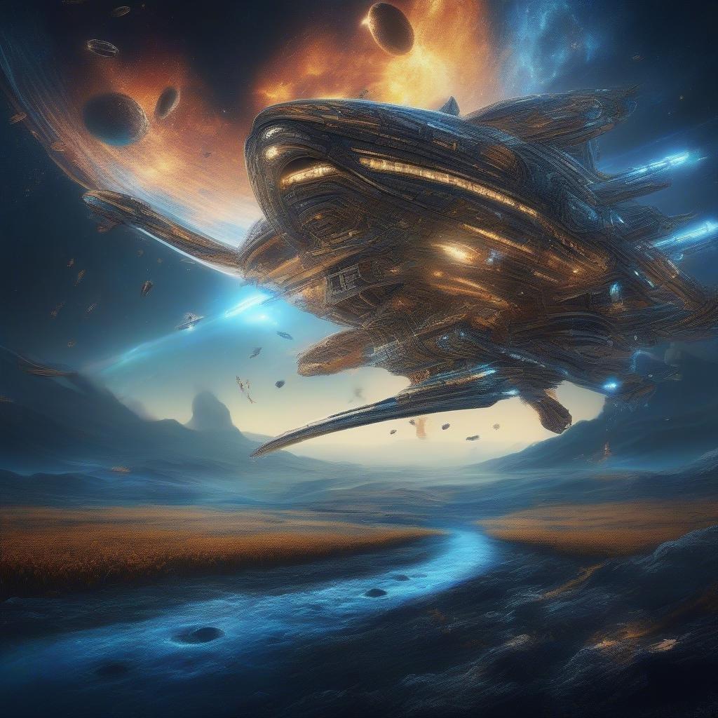 Embark on a cosmic journey across the stars, where the unknown unfolds. A futuristic exploration vessel soars through an ethereal nebula, guided by the mysteries of the universe.