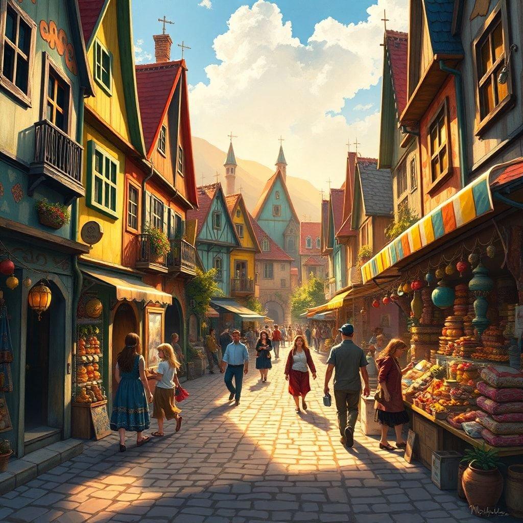 Step back in time to this bustling, colorful marketplace in a medieval village. People are shopping at various stalls, browsing the goods on display, and adding life to the scene with their lively conversations.