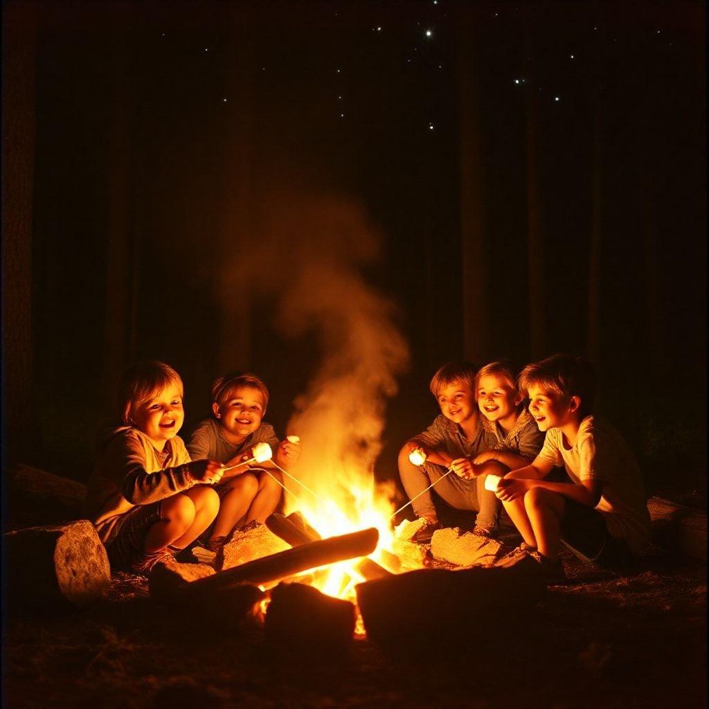 Esta imagen captura la alegría y el amor de una celebración del Día del Padre, con un grupo de niños asando malvaviscos sobre una fogata bajo las estrellas. El cálido resplandor del fuego y las caras felices de los niños crean una escena conmovedora que es perfecta para un fondo de pantalla del Día del Padre.