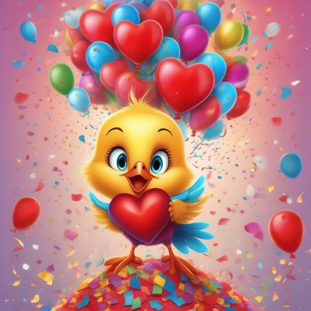 A cheerful cartoon depiction of a blue bird holding balloons, perfect for adding a touch of love to your screensaver.