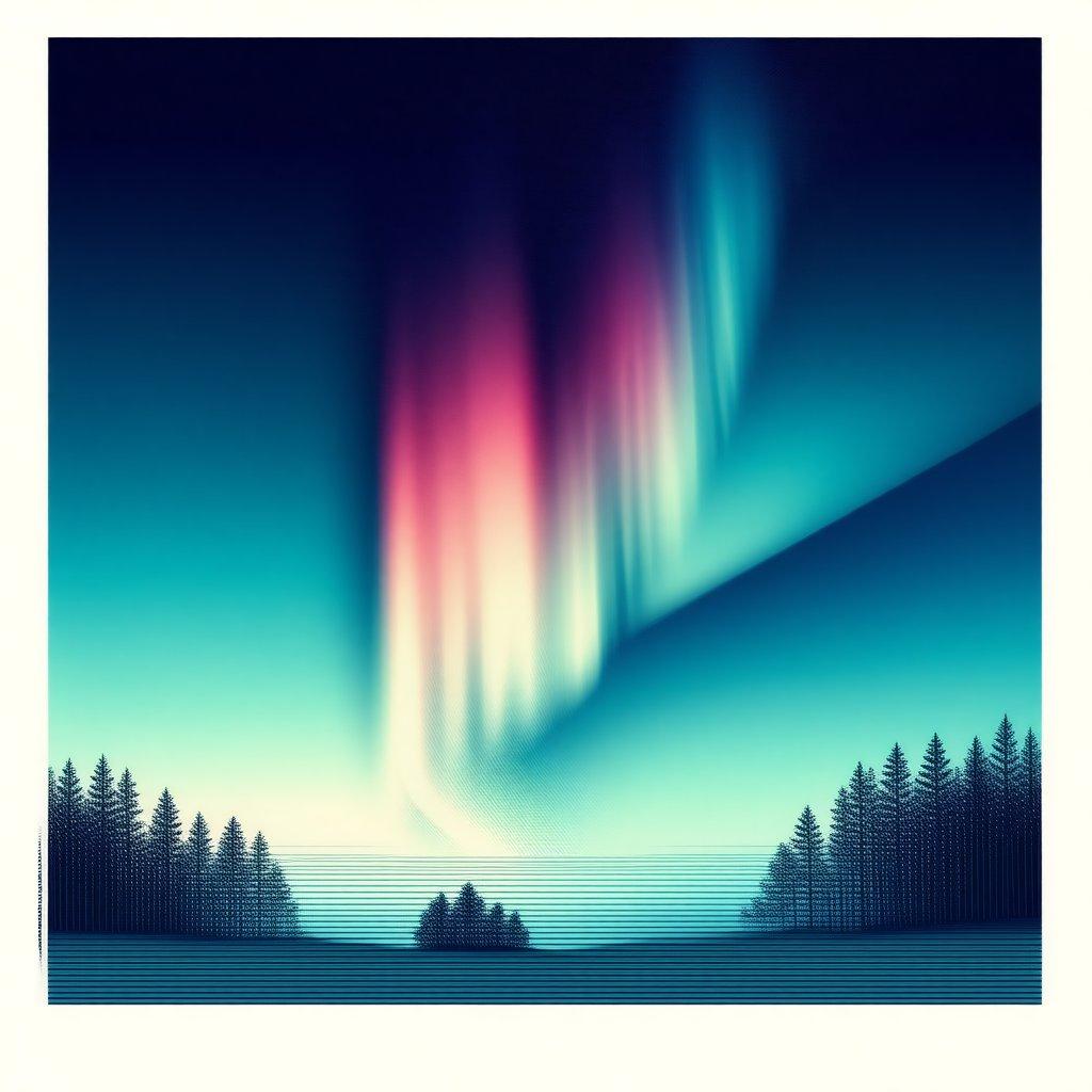 A serene and minimalist landscape featuring a vibrant aurora borealis in shades of pink and blue, set against a gradient sky.