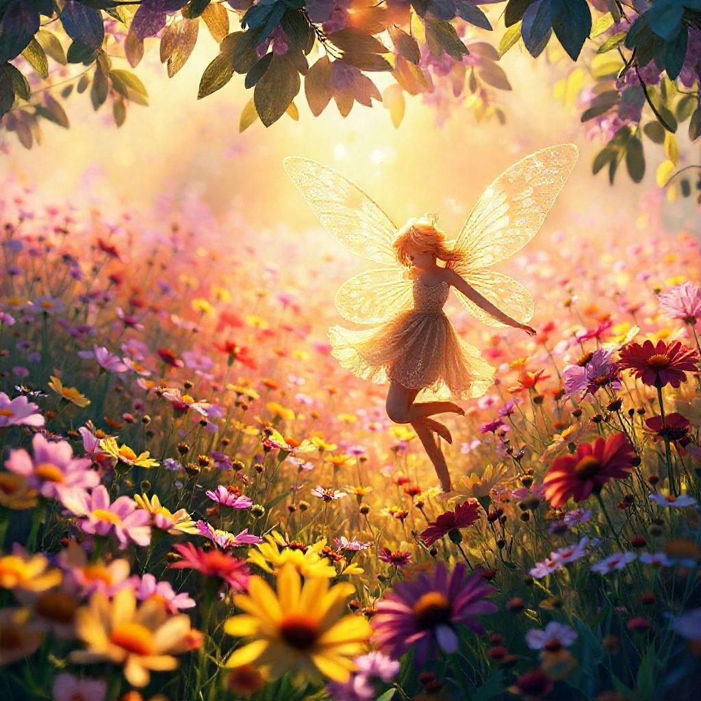 A beautiful fairy is surrounded by a field of colorful flowers, creating a sense of wonder and enchantment.