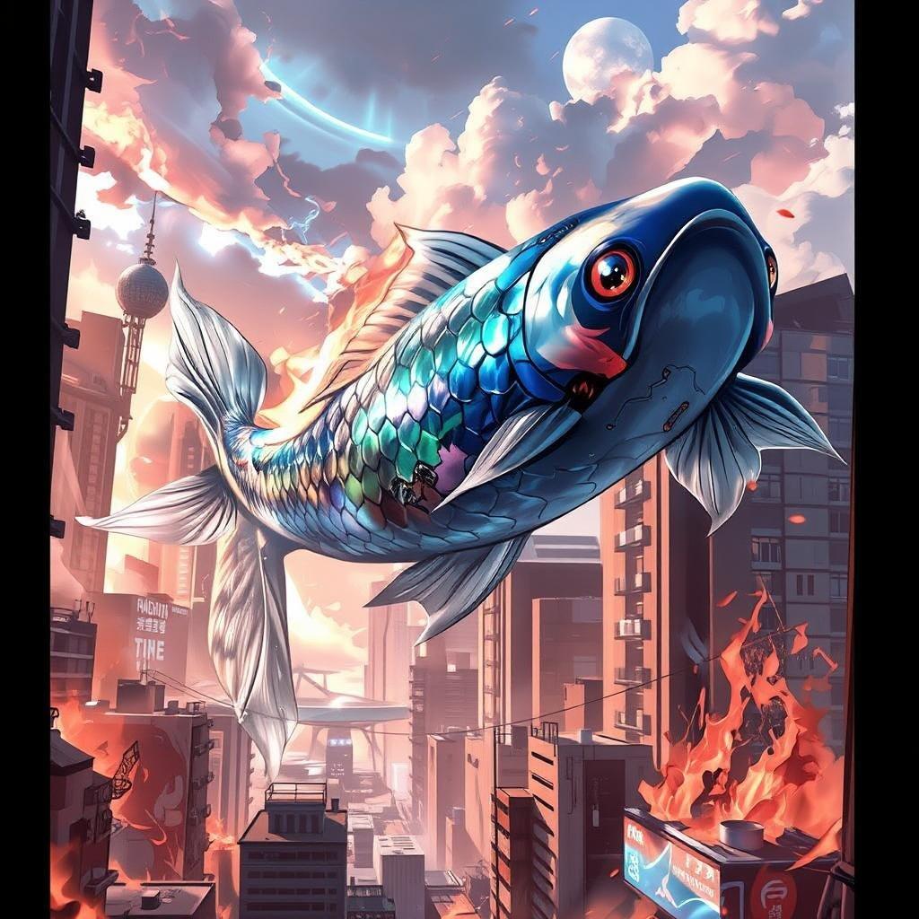 This stunning anime-inspired wallpaper features a giant koi fish swimming through a futuristic cityscape, with its vibrant blue and green hues contrasting the urban landscape.