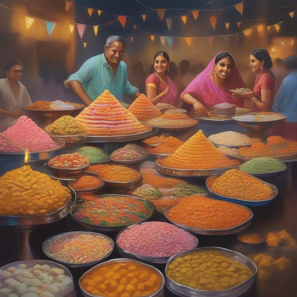 A vibrant depiction of people gathered around stalls filled with colorful sweets, celebrating the joyous festival of Diwali. The market is bustling with activity and the air is filled with the fragrance of spices and candies being sold. This lively scene captures the essence of community spirit during this special time of year.