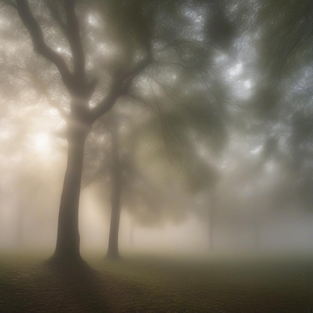 This foggy morning provides a serene atmosphere in an urban park, with trees silhouetted against the soft light. It's peaceful and calm, great for contemplation or a leisurely walk.