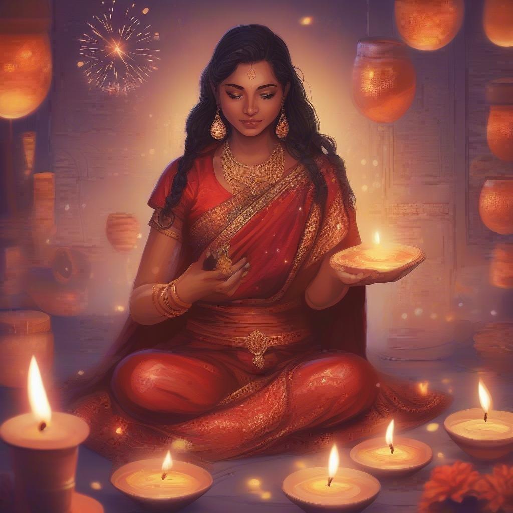 A depiction of the joyous Diwali festival, featuring a woman in traditional Indian attire illuminating candles with hope and light.