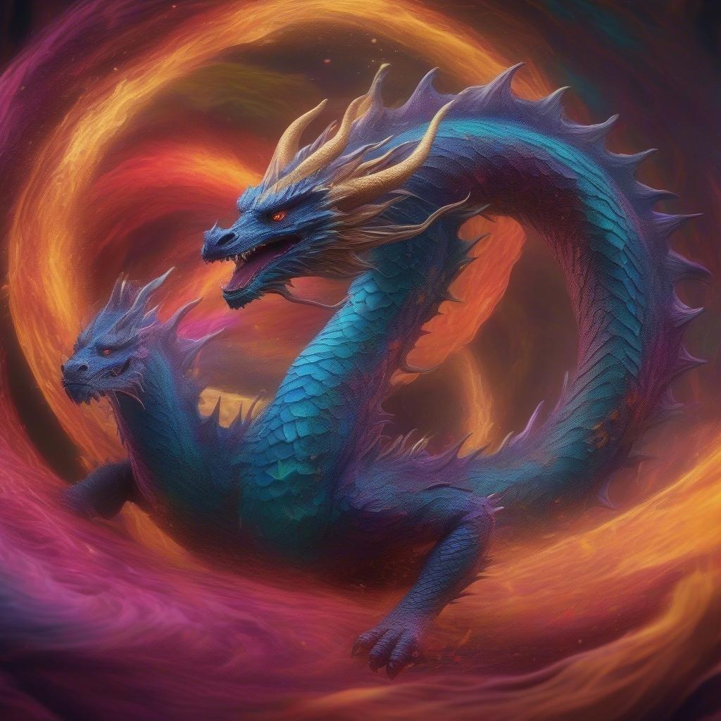 This fantastical scene features two majestic dragons, one exuding a calming light blue hue and the other an intense fiery red. They are intertwined in a dance of protection, their serpentine bodies coiled around each other in a protective embrace. The backdrop is a swirl of vibrant colors that evoke mysticism and wonder. Perfect for a desktop or mobile wallpaper to bring a touch of the fantastical to any device.