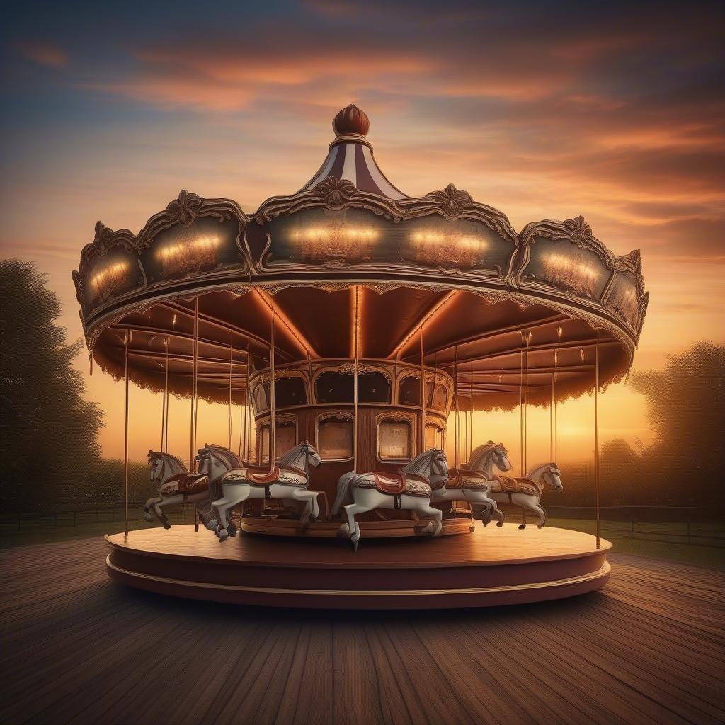 A beautifully crafted carousel wheel set against the warm glow of a sunset sky.