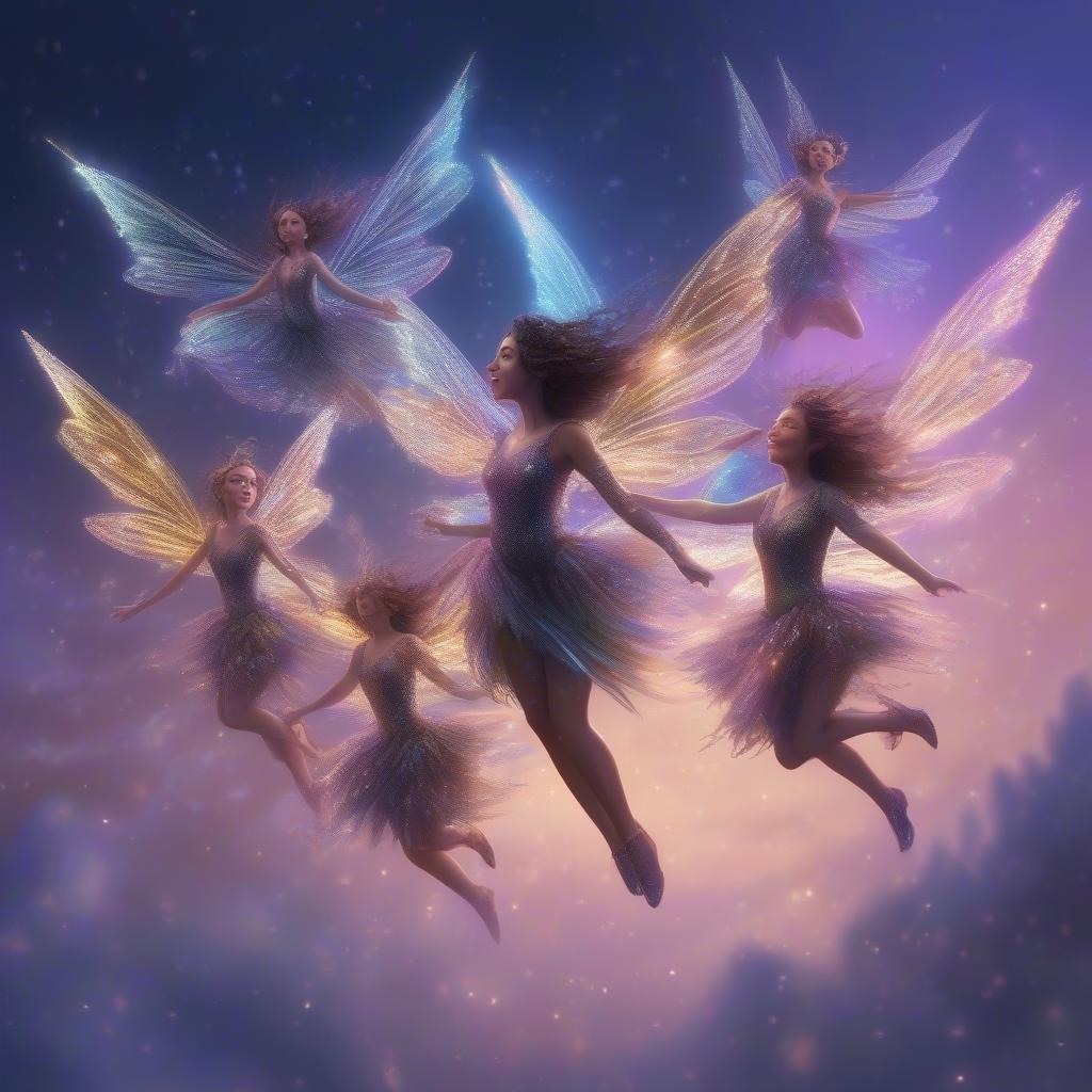 Five whimsical fairies, each radiating their own fairy dust, dance amidst a beautiful night sky. They appear to be flying, their wings spread wide as they enjoy their aerial ballet under the watchful gaze of the twinkling stars.