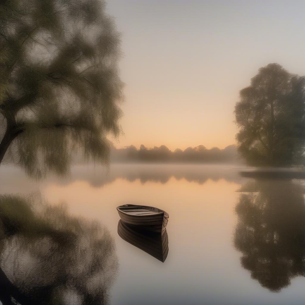 A serene view of a small rowboat floating on a calm, misty lake. The tranquil scene is perfect for students looking for a moment of peace amidst the back-to-school rush.