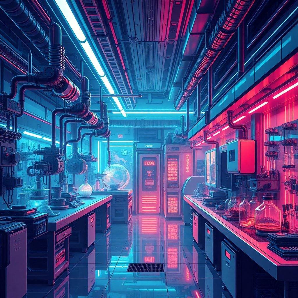 Tauchen Sie ein in eine futuristische Welt mit diesem atemberaubenden 3D-Kunst-Hintergrundbild, das ein neonbeleuchtetes Labor zeigt, das aus dieser Welt stammt. Perfekt für Desktop- und Mobilgeräte, wird dieses Hintergrundbild Sie sicher in eine neue Dimension transportieren.