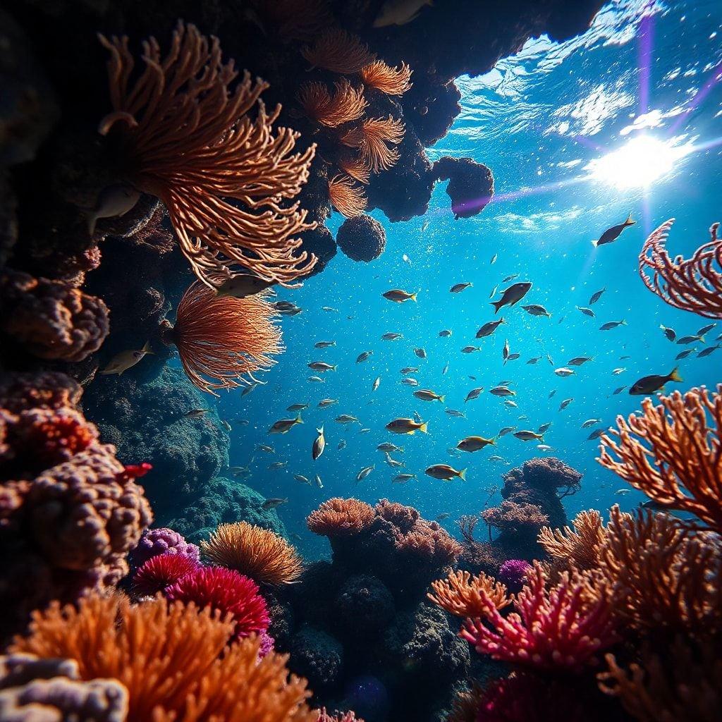 This stunning wallpaper captures the beauty of the ocean and its inhabitants. The vibrant coral reef, teeming with life, is a sight to behold.