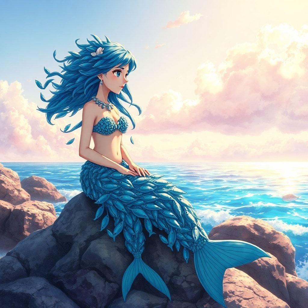 An enchanting anime illustration of a mermaid princess, her hair a mesmerizing cascade of sparkling blue fish, sitting gracefully on a rocky shoreline. The serene background, a deep blue ocean, and a bright sky, creates a captivating fantasy-filled scene.