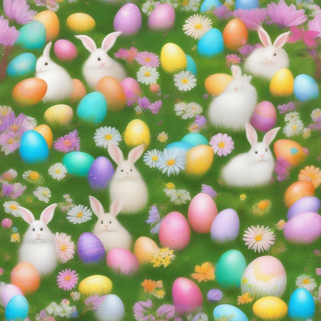 Hop into the spirit of Easter with this vibrant wallpaper featuring adorable bunnies and colorful eggs.