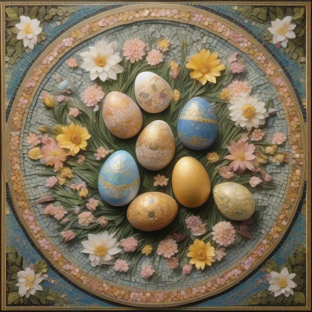 Welcome the season with this vibrant array of golden, blue, and yellow eggs arranged meticulously in a circle. The background is adorned with delicate floral motifs that add to the charm of this wallpaper. It's perfect for your desktop or mobile device to celebrate the joy of Easter all year round.