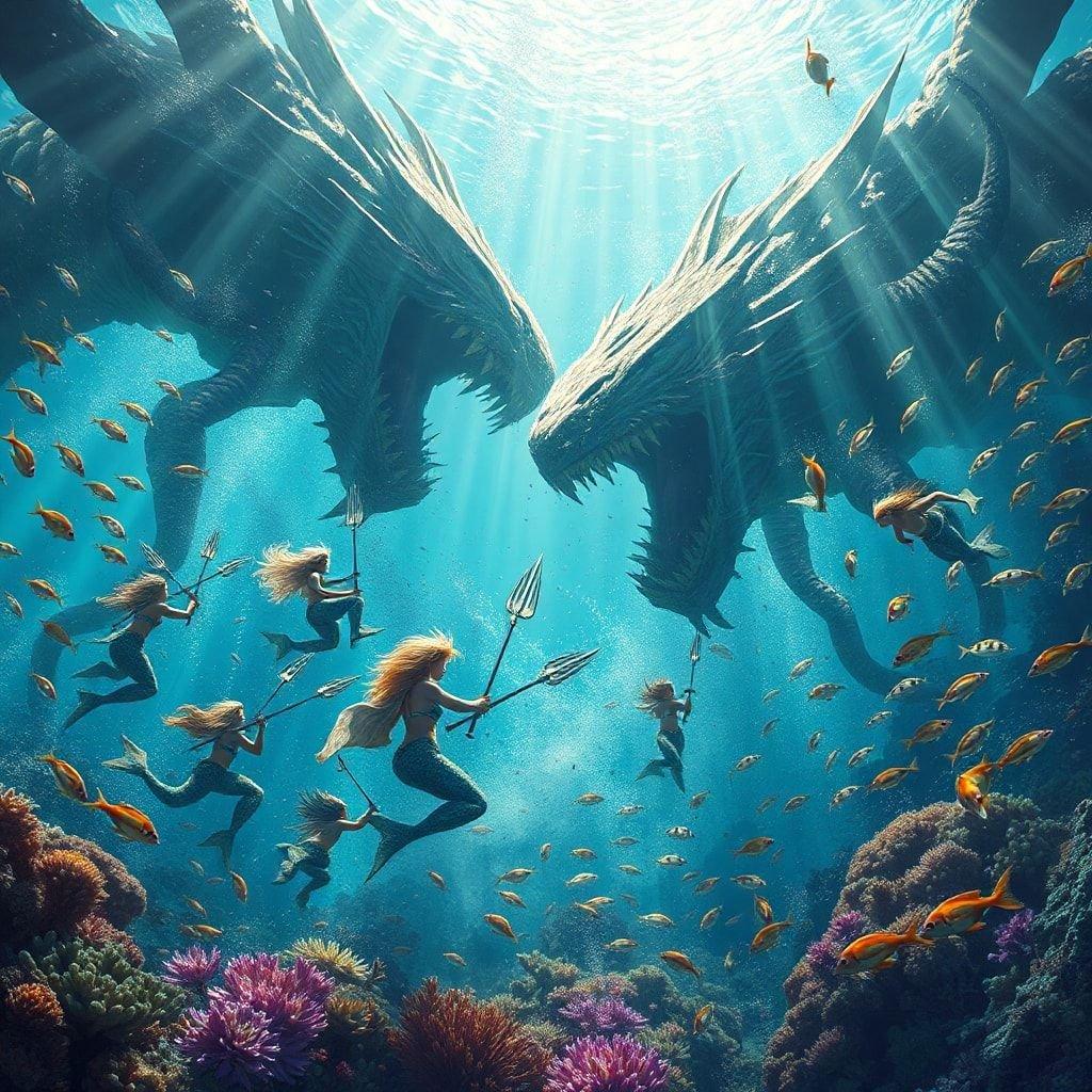 In this fantastical ocean scene, mermaids encounter a dragon amidst vibrant marine life.