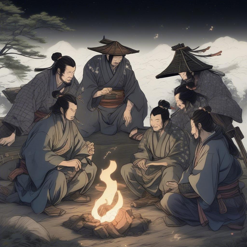 This anime-style wallpaper captures a serene moment of camaraderie as a group of samurai gather around a campfire, their faces illuminated by the warm glow of the flames. The image exudes a sense of tranquility and unity, inviting the viewer to step into the peaceful world of ancient Japan.