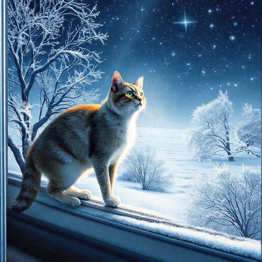 A feline finds solace in a winter wonderland, gazing up into the starlit sky.