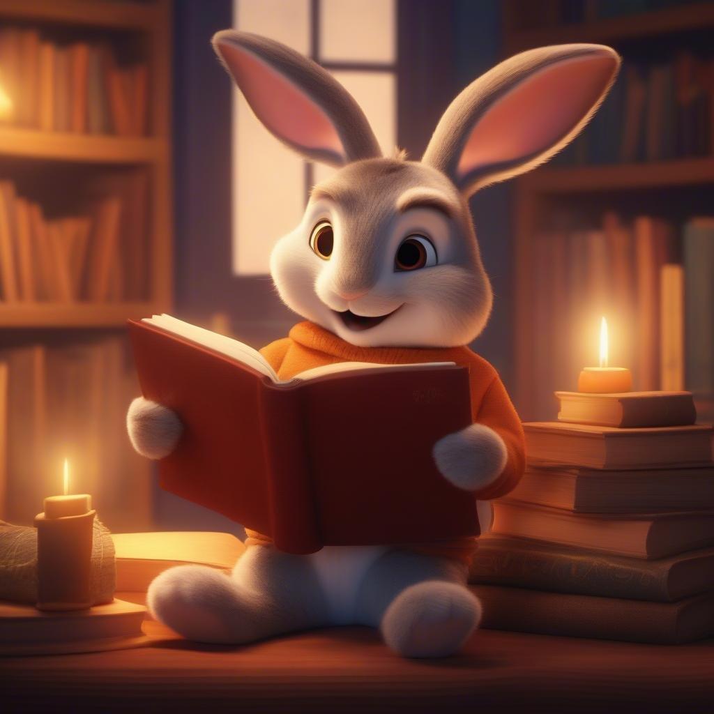 Cute cartoon rabbit sitting down with an open book, engaging in a delightful read. Perfect wallpaper for children and anyone who loves to curl up with a good story.