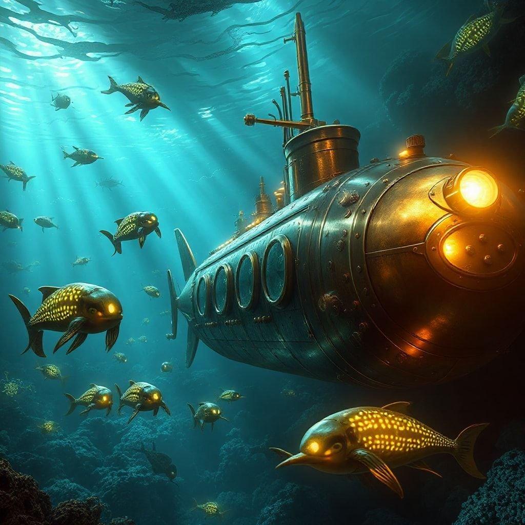 This image is a wallpaper featuring a submarine exploring the ocean floor, surrounded by fish and other sea creatures. The submarine is depicted in a cartoonish style, with bright colors and exaggerated features.