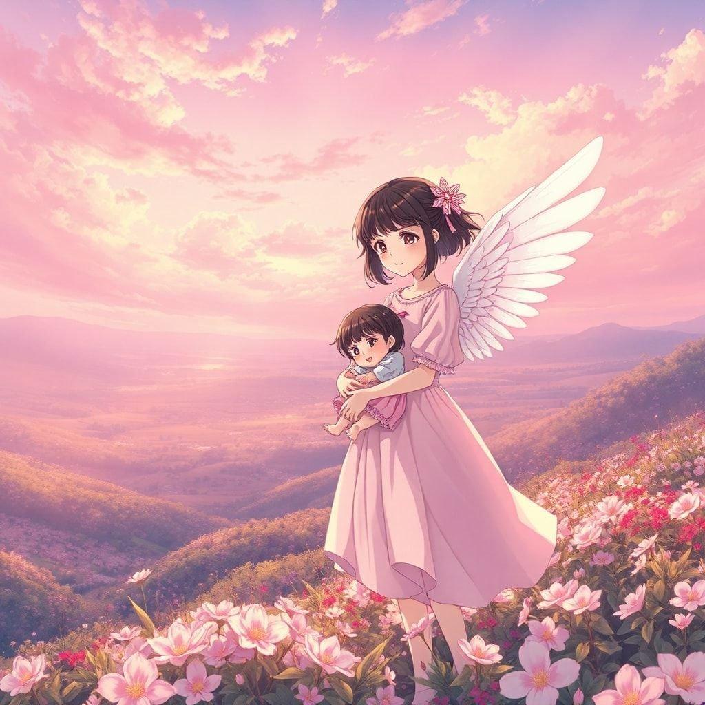 Immerse yourself in the serene beauty of this anime wallpaper, where a young girl in a light pink dress cradles another in her wings, set against a breathtaking landscape under a pink and purple sky.