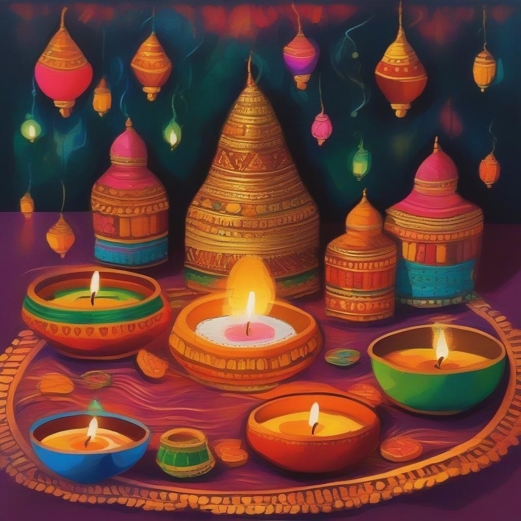 This image is a beautiful representation of the Diwali festival, with vibrant colors and intricate designs. The image showcases a variety of diyas, or clay lamps, which are an essential part of the Diwali celebrations. The diyas are adorned with colorful patterns and designs, adding to the festive atmosphere. The image also features a few candles, which are lit to symbolize the victory of light over darkness. The overall effect is one of warmth and joy, capturing the essence of the Diwali festival.